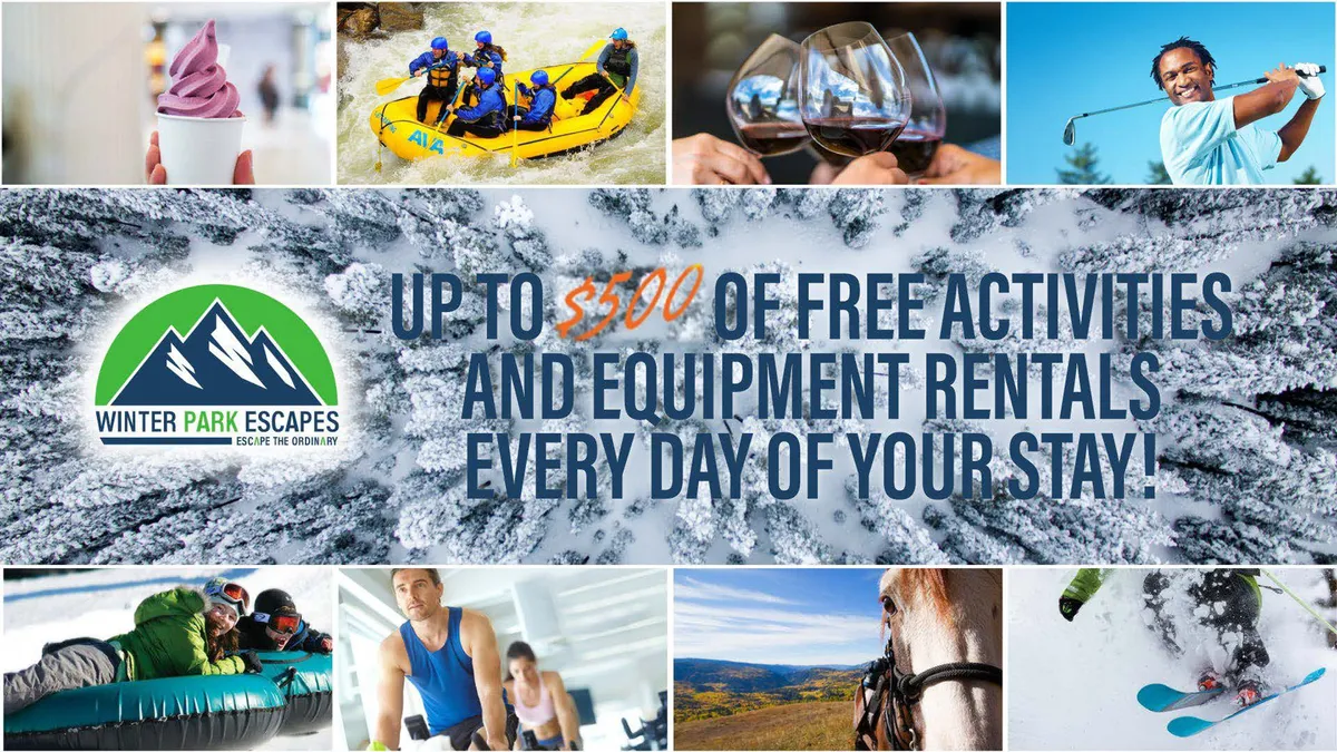 A vivid exterior collage featuring guests partaking in a variety of seasonal outdoor activities: rafting, skiing, horseback riding, golfing, tasting wine, and enjoying ice cream. Each activity is visually clear, capturing both summer and winter adventures.