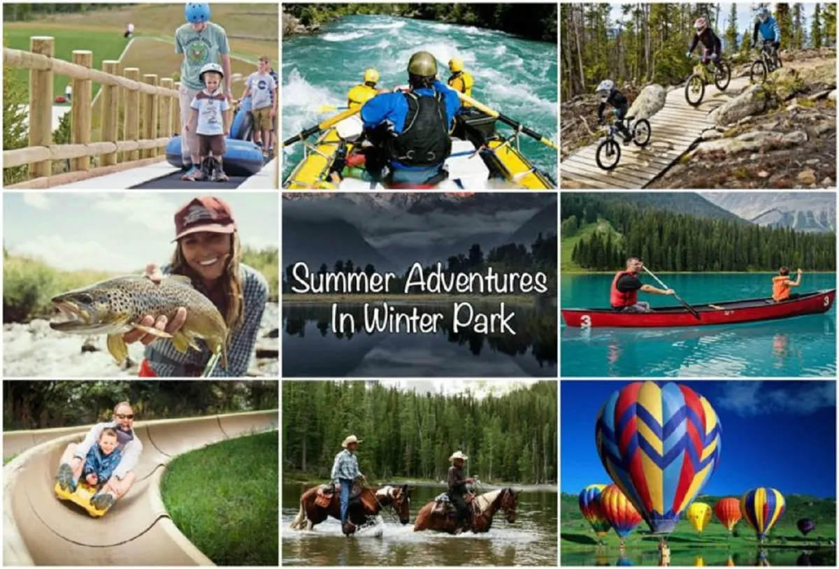A lively exterior view featuring people engaged in outdoor adventures such as rafting, biking, horseback riding, tubing, and hot air ballooning against a majestic mountain and river backdrop. The lush forests and clear skies evoke a sense of excitement and exploration.