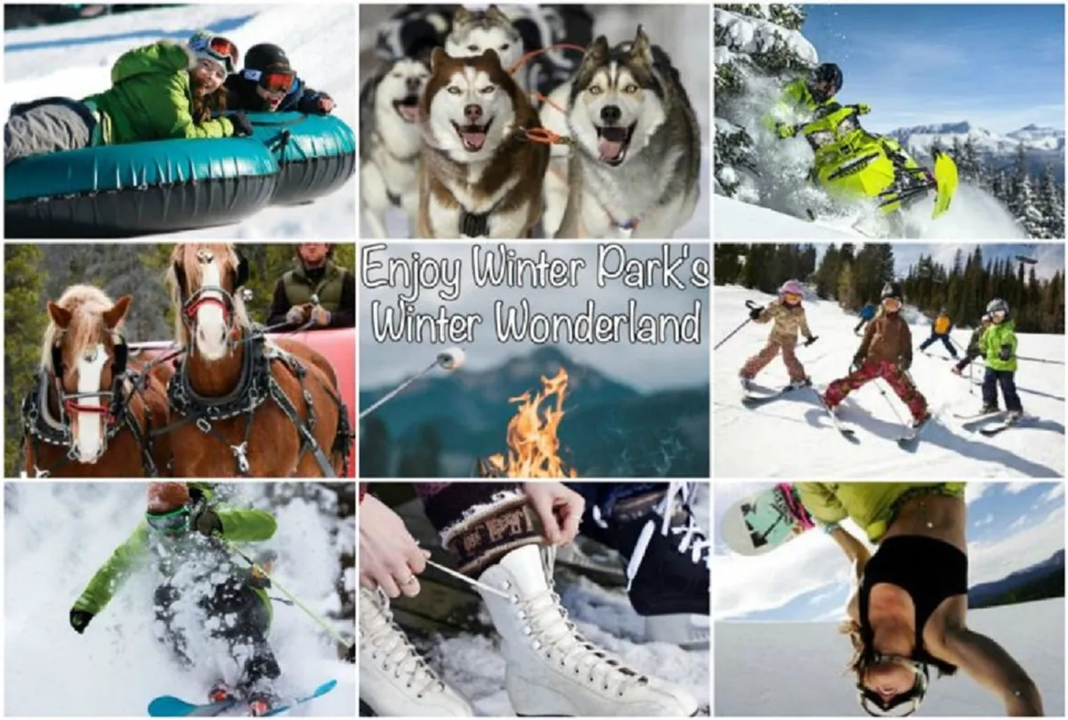 An outdoor winter wonderland bustling with families tubing on the snow, children skiing, huskies pulling a sled, and people ice skating by a bonfire. The scene overflows with joyful, energetic group activities perfect for all ages.